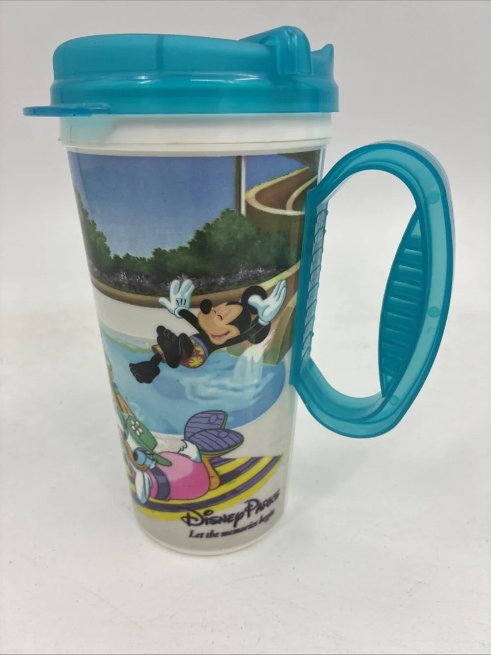 Disney Parks Mickey Minnie Donald Duck Souvenir Travel Cup Mug Teal Handle
